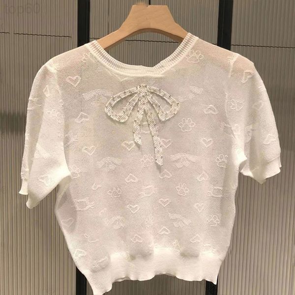 women's sweaters designer summer new korean design sense short sleeve round neck t-shirt heavy industry drill embroidery bow knit women, White;black
women's sweaters designer summer new korean design sense short sleeve round neck t-shirt heavy industry drill embroidery bow knit women, White;black