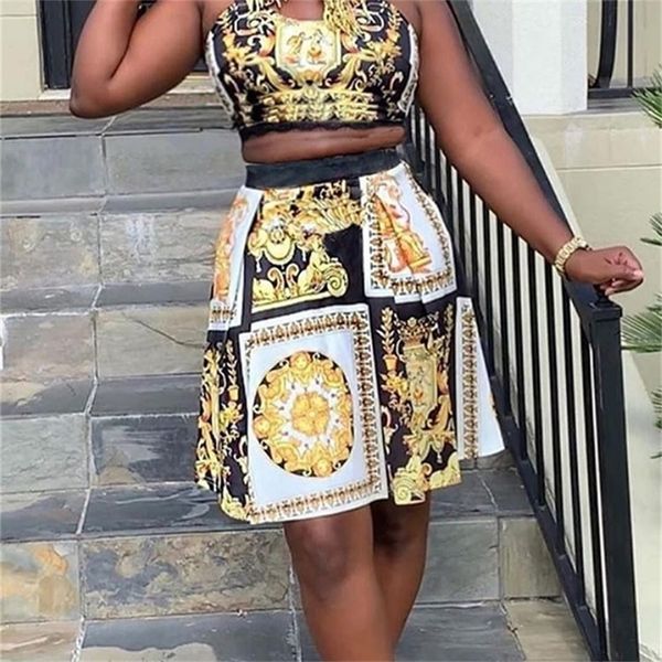 women two piece vintage printed suits lace insert crop & mini skirt set 220511, White
women two piece vintage printed suits lace insert crop & mini skirt set 220511, White