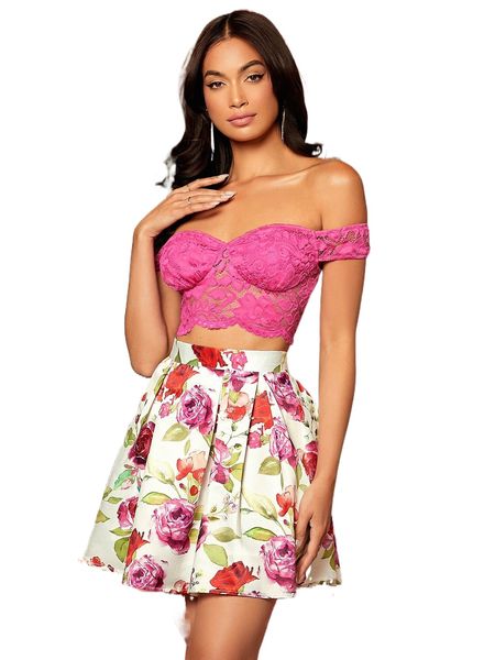 off shoulder lace & allover floral print plicated detail skirt z3zx#, White
off shoulder lace & allover floral print plicated detail skirt z3zx#, White