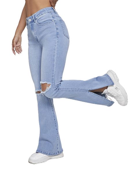high waist ripped slit hem flare leg jeans j4kw#, Blue