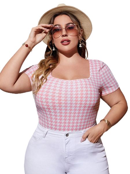 plus houndstooth print tee p8wl#, Black 
plus houndstooth print tee p8wl#, Black