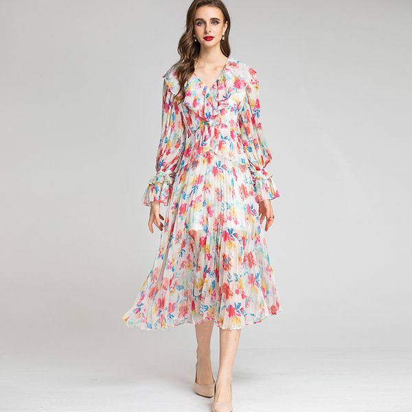women's runway dresses v neck long sleeves ruffles pleated printed elegant fashion casual designer dress, Black
women's runway dresses v neck long sleeves ruffles pleated printed elegant fashion casual designer dress, Black