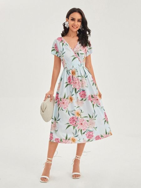 floral print surplice neck a-line dress h2qx#, Black;gray