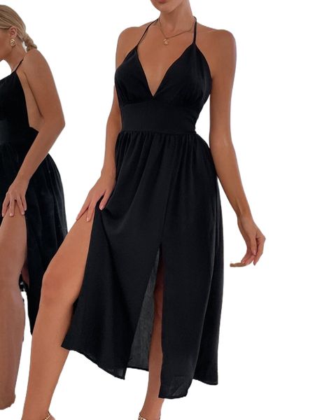 open back -slit thigh halter dress r48x#, Black;gray
open back -slit thigh halter dress r48x#, Black;gray