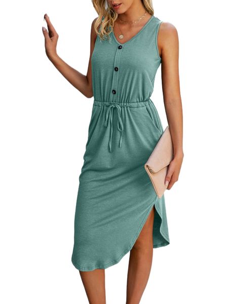 drawstring waist hidden pocket asymmetrical hem tank dress k7ua#, Black;gray 
drawstring waist hidden pocket asymmetrical hem tank dress k7ua#, Black;gray