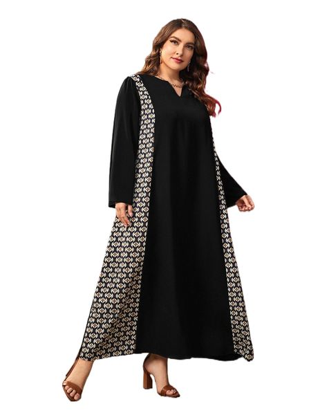 plus geo print notched neck tunic dress y5ys#, Black