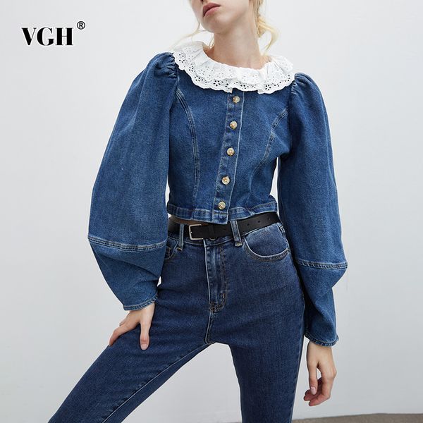 vintage patchwork lace shirt female ruffle collar lantern sleeve casual denim blouse for women fashion clothing 210507, White
vintage patchwork lace shirt female ruffle collar lantern sleeve casual denim blouse for women fashion clothing 210507, White