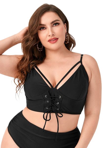 plus lace up front bikini w9u5#, Black
plus lace up front bikini w9u5#, Black