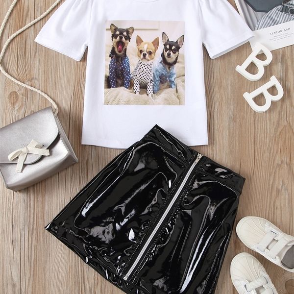 little girl dog t-shirt and pu leather skirt she, White
little girl dog t-shirt and pu leather skirt she, White