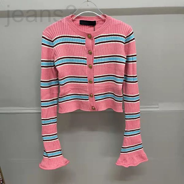 women's sweaters designer 22 pink contrast striped knitted cardigan women's early spring fashion horn sleeve slim coat 7396, White;black