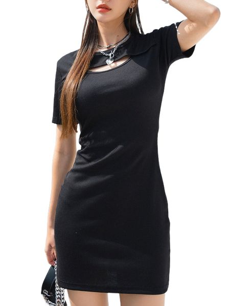 dazy solid rib knit cut out dress z6mj#, Black;gray