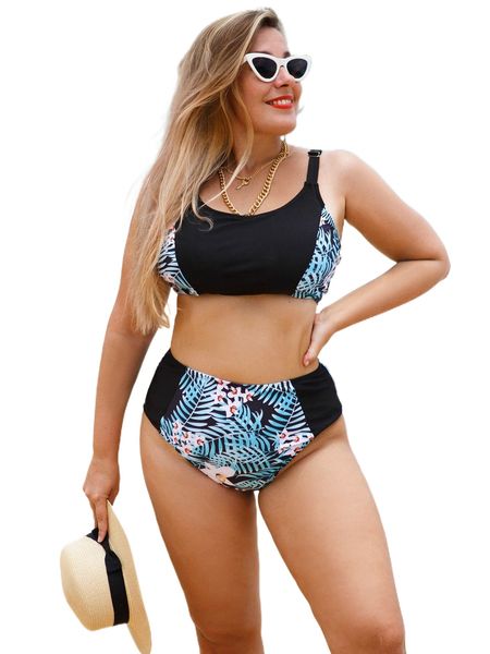 bikinx plus tropical print high waist bikini swimsuit x4sz#, White;black