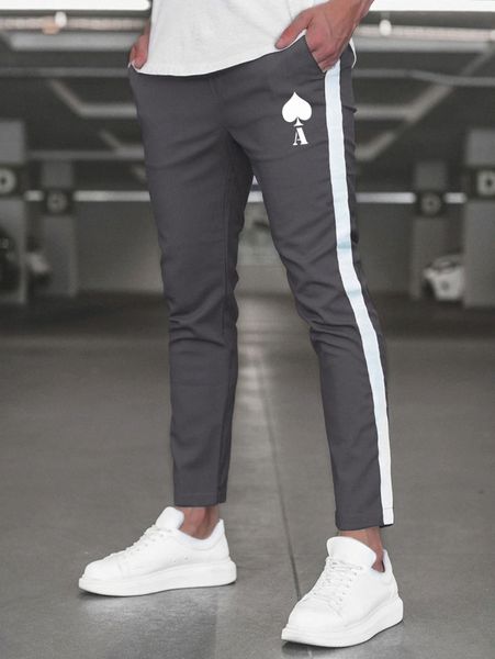 men playing card print contrast sideseam pants c63t#, Black