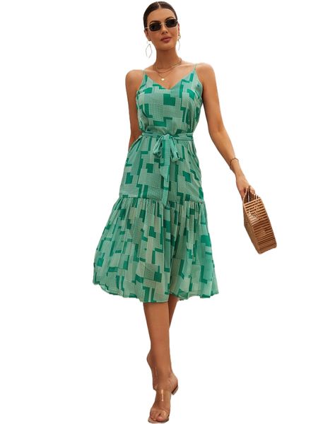 geo print ruffle hem belted cami dress x2s1#, Black;gray