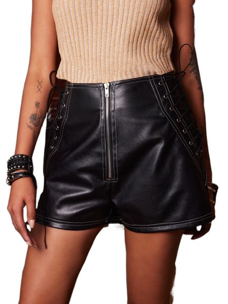 romwe lace up pu zip up shorts h1l4#, White;black