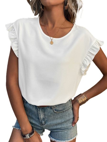 ruffle trim keyhole back blouse u2dk#, White
ruffle trim keyhole back blouse u2dk#, White