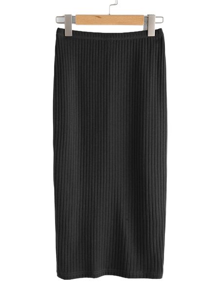 vented back rib knit skirt n1ex#, Black