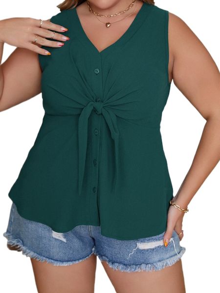 plus knot front sleeveless peplum blouse c7vm#, Black