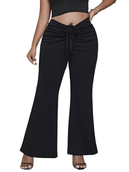 plus drawstring waist flare leg pants e0gr#, Black