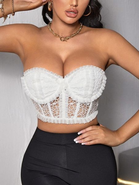sxy frill trim lace bustier tube crop n46w#, White