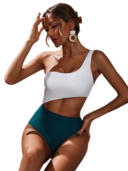 color block cut out one piece swimsuit w4ms#, White;black 
color block cut out one piece swimsuit w4ms#, White;black