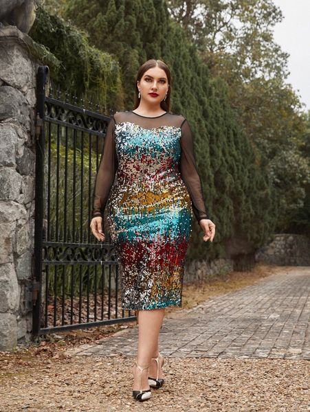 plus mesh yoke sequins bodycon dress 95oj#, Black