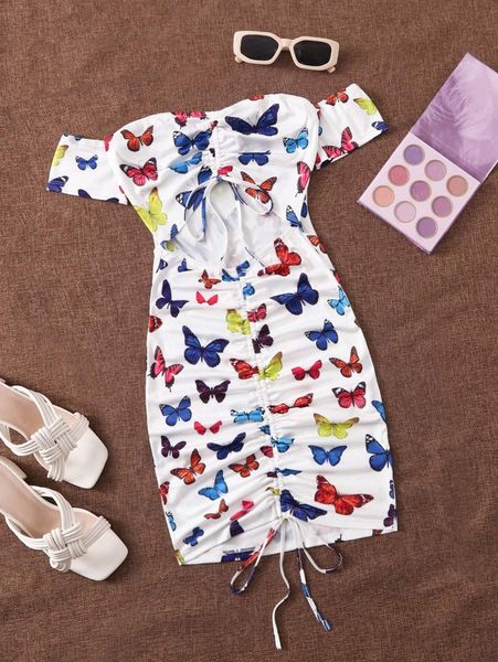allover butterfly print off shoulder cutout drawstring ruched front dress 85aj#, Black;gray
allover butterfly print off shoulder cutout drawstring ruched front dress 85aj#, Black;gray