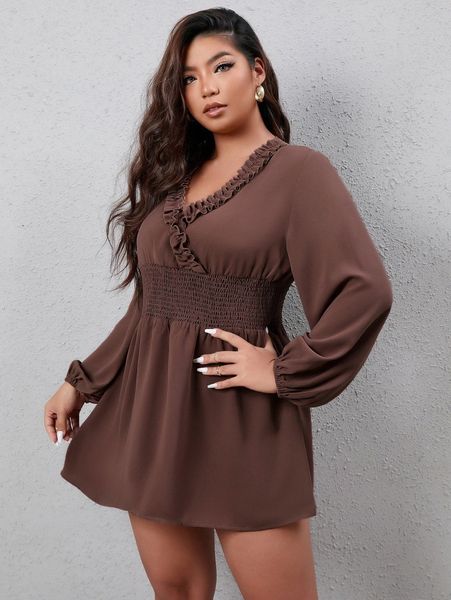 plus frill trim shirred lantern sleeve dress o3ui#, Black