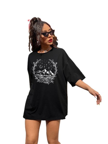 mountain & floral print drop shoulder oversized tee i2cf#, White
mountain & floral print drop shoulder oversized tee i2cf#, White