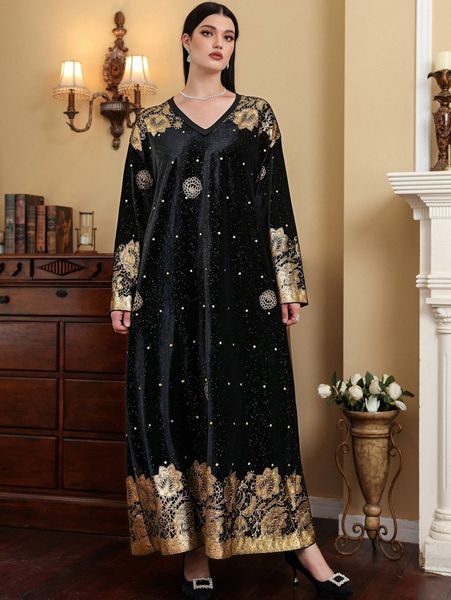 plus floral & gold print drop shoulder velvet dress v3dx#, Black
plus floral & gold print drop shoulder velvet dress v3dx#, Black