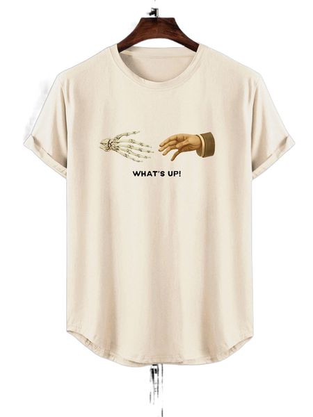 men skeleton & figure graphic curved hem tee z25t#, White;black
