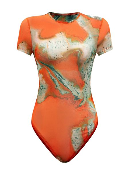 marble print mesh bodysuit s4jc#, White
