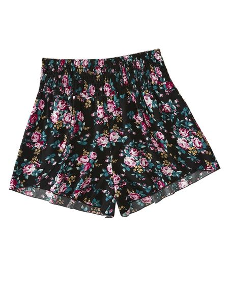 plus floral print shirred shorts r48f#, Black