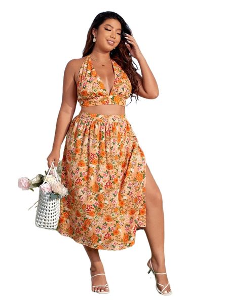 plus floral print tie backless halter & split thigh skirt t3o5#, Black
plus floral print tie backless halter & split thigh skirt t3o5#, Black
