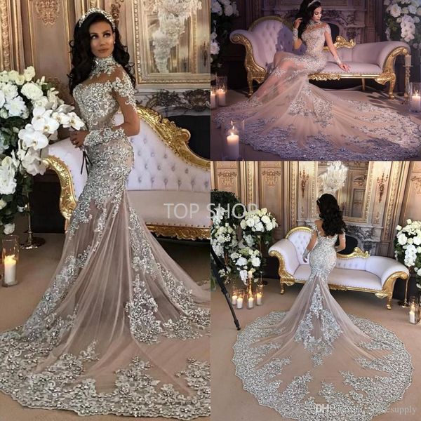 sparkly 2022 mermaid wedding dress sheer bling beads lace applique high neck illusion long sleeve champagne trumpet bridal gowns, White
sparkly 2022 mermaid wedding dress sheer bling beads lace applique high neck illusion long sleeve champagne trumpet bridal gowns, White