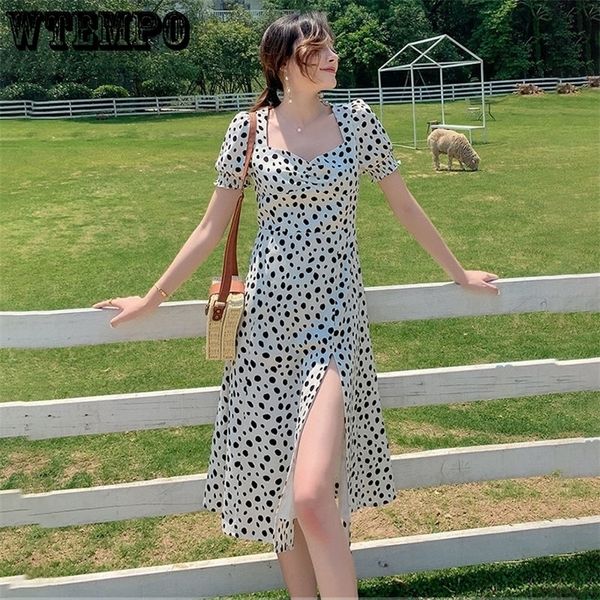 split chiffon dress french square collar puff sleeves polka dot minority female summer slim fit thin over the knee long dresses 220510, Black;gray 
split chiffon dress french square collar puff sleeves polka dot minority female summer slim fit thin over the knee long dresses 220510, Black;gray