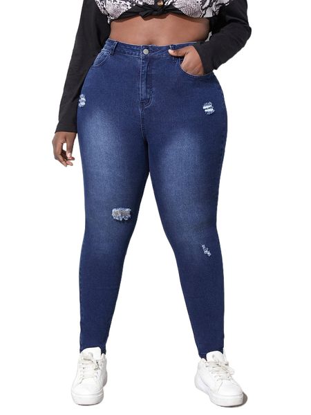 plus high waist ripped skinny jeans x88m#, Blue 
plus high waist ripped skinny jeans x88m#, Blue