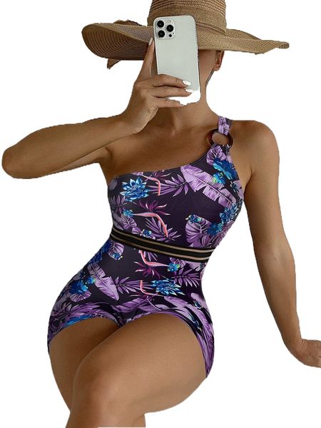 tropical print one shoulder one piece swimsuit a7mg#, White;black 
tropical print one shoulder one piece swimsuit a7mg#, White;black