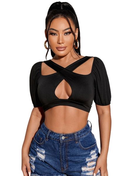 sxy cut out puff sleeve crisscross tie back crop y9j3#, White 
sxy cut out puff sleeve crisscross tie back crop y9j3#, White