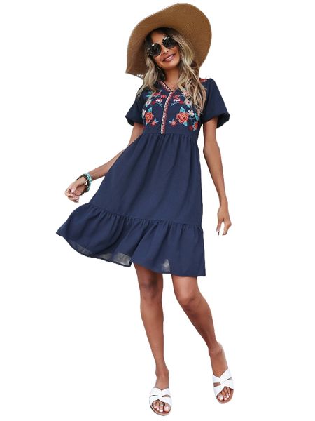 floral embroidery flutter sleeve ruffle hem dress z71j#, Black;gray
floral embroidery flutter sleeve ruffle hem dress z71j#, Black;gray