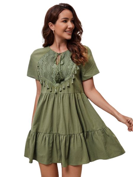 contrast lace tassel tie neck raglan sleeve ruffle hem dress 64bq#, Black;gray
contrast lace tassel tie neck raglan sleeve ruffle hem dress 64bq#, Black;gray