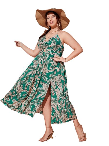 plus tropical print twist front backless split thigh dress q4jx#, Black