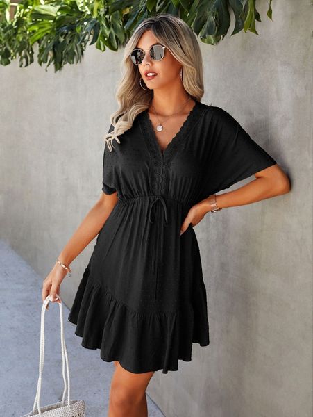 swiss dot contrast guipure lace knot waist ruffle hem dolman sleeve dress b3fa#, Black;gray
swiss dot contrast guipure lace knot waist ruffle hem dolman sleeve dress b3fa#, Black;gray