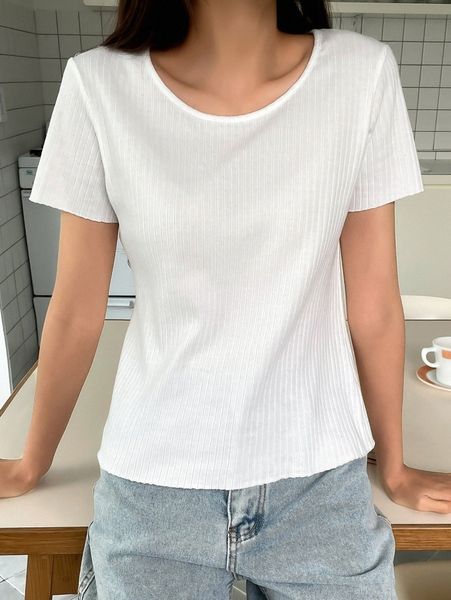 dazy round neck ribbed knit tee g2xt#, White