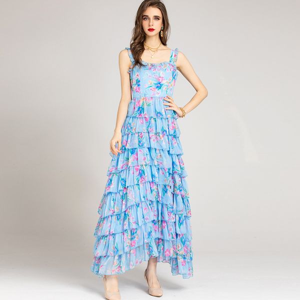 women's runway dresses spaghetti straps printed tiered ruffles fashion maxi casual party prom gown, Black
women's runway dresses spaghetti straps printed tiered ruffles fashion maxi casual party prom gown, Black