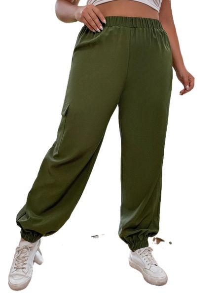 plus solid flap pocket tapered pants o24c#, Black