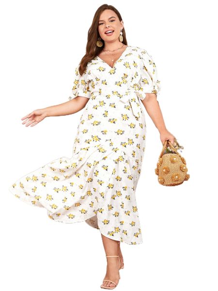 plus 1pc allover floral print puff sleeve knot cuff dress z5dm#, Black