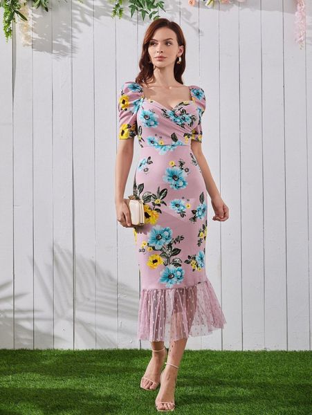 floral puff sleeve contrast mesh dress 61ts#, Black;gray
floral puff sleeve contrast mesh dress 61ts#, Black;gray