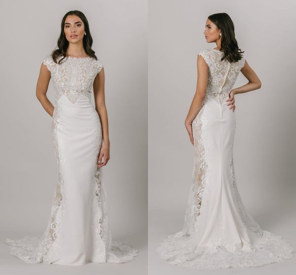 mermaid modest beach wedding dresses cap sleeves jewel neck buttons back lace crepe lds bridal gowns bride dress, White
mermaid modest beach wedding dresses cap sleeves jewel neck buttons back lace crepe lds bridal gowns bride dress, White