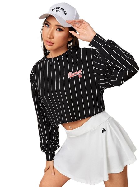 striped letter graphic sweatshirt i9oh#, Black 
striped letter graphic sweatshirt i9oh#, Black